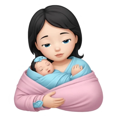 a  female asian newborn baby with black wavy hair and blue eyes wrapped in a light pink swaddle sticker
