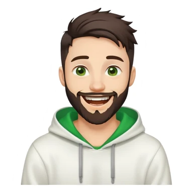 laughing guy with white hoodie, green eyes, dark brown undercut hairstyle and a short full beard sticker
