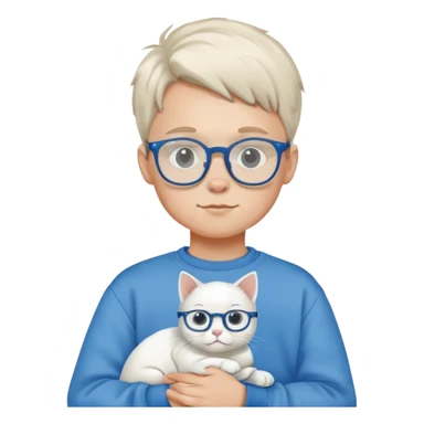 A boy wearing a sweatshirt and glasses holding a white cat sticker