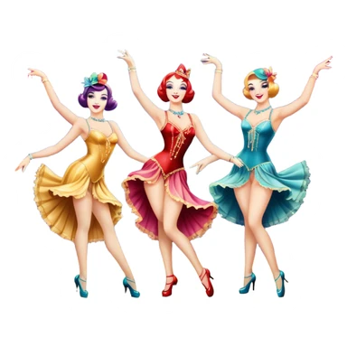 A vintage movie poster-style design inspired by Moulin Rouge. Include glamorous cabaret dancers in extravagant costumes, a colorful stage, sparkling lights, and a sense of drama. The atmosphere should be vibrant, with musical notes in the air. Retro cinematic style. Transparent background. sticker