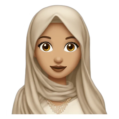 beautiful brunette arabian girl with smooth skin long hair beige lipstick wearing hijab and low neck dress with a diamond necklace sticker
