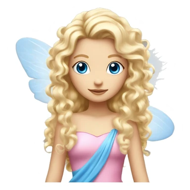 Fairy, a blonde hair with blue eyes and a pink dress with sparkly wings. White wings. The fairy has long, curly hair with a lot of volume sticker