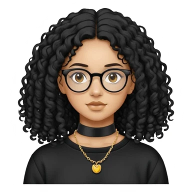 Mixed girl /curly long hair black / with black eyes glasses black sweat shirt middle part flat piercing and small thin gold choker  sticker