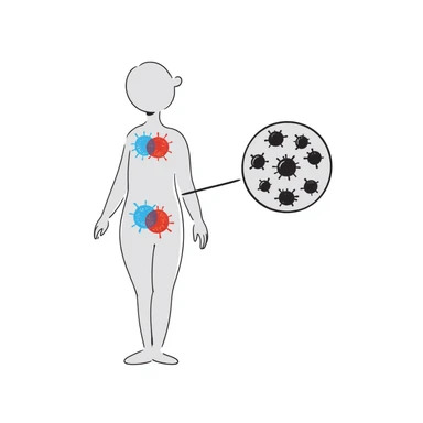Medical illustration of anti-inflammatory process: transparent human body with highlighted joints, cool blue healing energy neutralizing red inflammation areas, small circular inset showing immune cells becoming calm, clean clinical style with soft futuristic background sticker