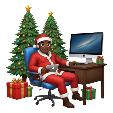 Informaticien homme noir full-body, week-end détente, assis à son bureau moderne avec ordinateur affichant du code.. À côté de lui, le Père Noël souriant, sapin illuminé et cadeaux autour. sticker