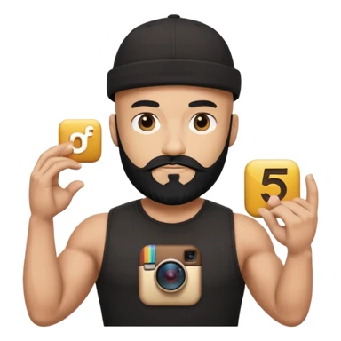 Muscular bald man with black beard wearing cap, holding giant Instagram logo, golden "500" floating above, minimal emoji style, white background sticker