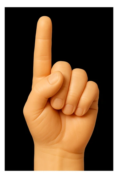 Create an image of a single hand viewed from the back, standing vertical with the pointer finger extended. The hand should be skin-colored, toy-like, and highly detailed, with a soft, squishy, retro plastic look. No background or other elements in the image. The style should reflect a soft, squishy, retro plastic toy aesthetic. sticker