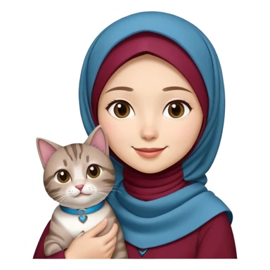 Asian White girl wearing  maroon hijab and white dress holding a black grey tabby cat while smiling. The cat is wearing a blue collar sticker