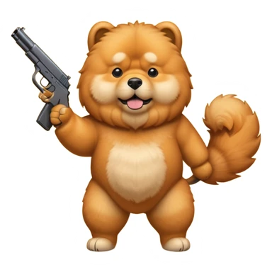 Funny cartoon-style chow chow dog standing on its hind legs and holding a gun menacingly sticker