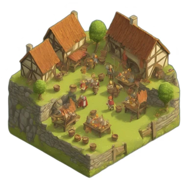 isometric view of a medieval village, festival mood, celebration sticker