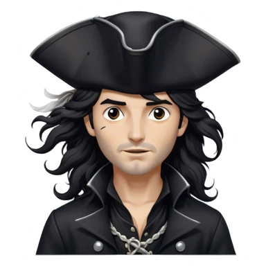 A charismatic pirate with wavy black hair tousled by the breeze. His silver-embroidered tricorn hat casts a shadow. Dark eyes glint with mischief as he looks to the side. His black coat, adorned with silver buttons, shifts with the wind sticker