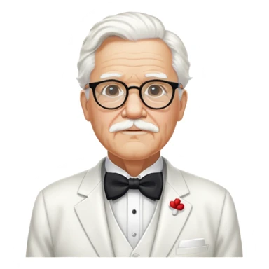 Colonel Sanders KFC, old man with white hair, white goatee, black bow tie, white suit, glasses sticker
