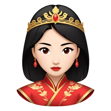 Cinematic Majestic Mulan Portrait Emoji, rendered in a clean, vector-style with bold, simplified shapes. Depict Mulan with a serene, noble expression, warm light skin, and neatly styled black hair, dressed in traditional attire featuring subtle red motifs and gold trim. The image glows with a calm, majestic aura, high shine, and a soft glowing outline, embodying classic elegance. sticker