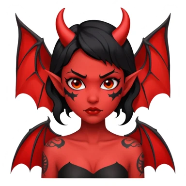 Demon girl: red skin, black hair, small horns, bat wing; tattoo-flash comic style; red/black palette; bold outlines; dark background; no text. sticker