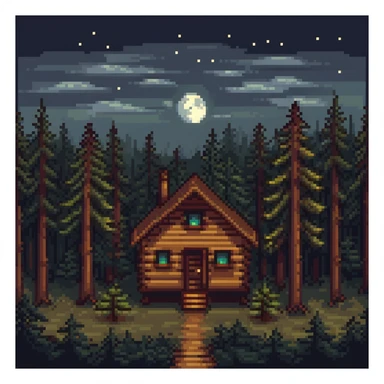cozy wooden cabin in dark pine forest with moonlight sticker