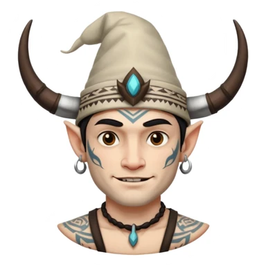 Man white skin with horned hat — tribal tattoos, smirk. sticker