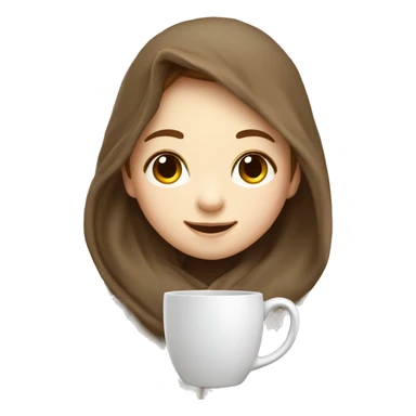 cute smiling girl with pale skin and long brown hair under blanket with a cup sticker