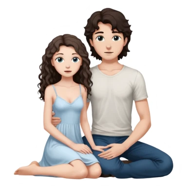 white girl, dark brown long slightly curly hair , skinni but with big breast , septum piercing on nose, beautiful dark gray-blue eyes, in white dress , boy dark brown eyes , light white skin , tall , skinny , light brown mid haircut ,  on his knee asking her to be hos wife sticker