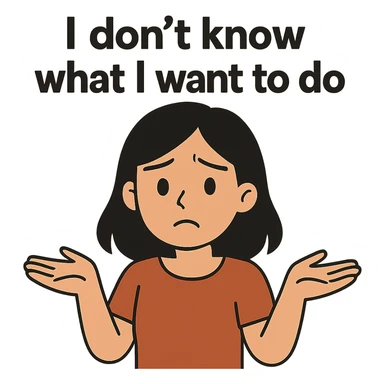 flat toon style confused black-haired girl, 'I don't know what I want to do' face sticker