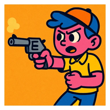 a boy with pink skin, blue hair, wearing a hat, pointing a gun, clear and expressive style, vibrant colors sticker