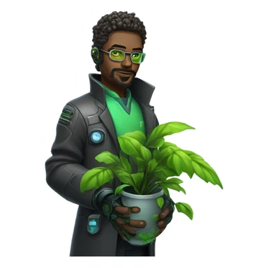 Cyberpunk scientist holding plant sticker