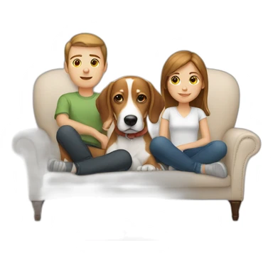Brown hair White boy and girl with beagle Sit on couch sticker
