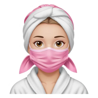 A girl with her hair tied back in a towel, her face is covered by a pink skin mask except for her eyes, nose and mouth, she is wearing a white coat  sticker