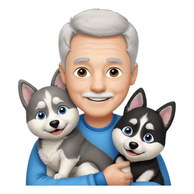A smiling 60 year old man with blue eyes and short light gray hair and no facial hair, holding a single black and white husky dog with floppy ears and white tuft eyebrows  sticker