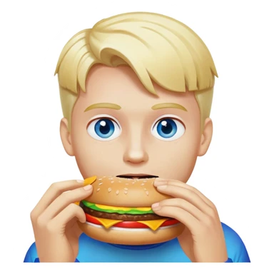 Blonde man with white skin and blue eyes eating a McDonald's hamburger, rainbow LGBT colors sticker