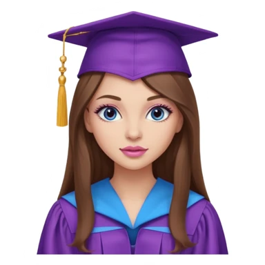 pretty girl with beautiful extremely long brown hair, blue eyes, long lashes makeup, sexy pink lips, wearing a purple and light pink graduation cap and gown sticker