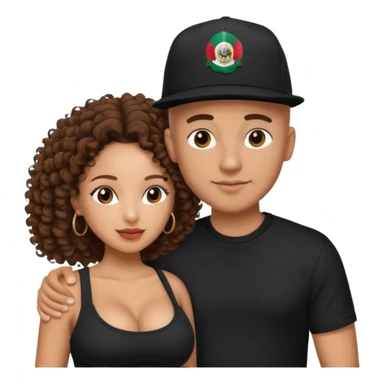 A picture of a loving tanned couple. the guy is Mexican, with a bald hair cut and he has a SnapBack hat on. The girl is mixed, the girl is wearing a black shirt, the girl has brown curly big hair and the girl has big boobs  sticker