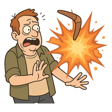 dynamic cartoon-style explosion with a boomerang flying through the blast, representing the concept of 'kaboomerang' sticker