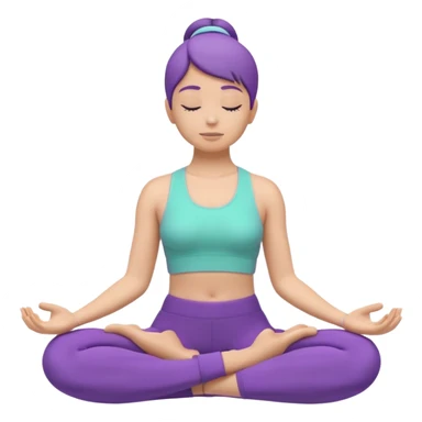 Modern premium 3D emoji icon: faceless gender-neutral person meditating (cross-legged) in sporty activewear, smooth rounded shapes, matte + subtle gloss, top-left studio light, soft shadow, faint halo aura. Purple outfit with a mint (or warm peach) accent. Centered, transparent background, no tex sticker
