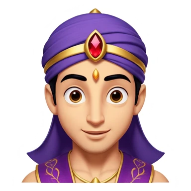 Cinematic Realistic Aladdin Portrait, head tilted playfully and inquisitively, showcasing his roguish charm and bright, mischievous eyes. His signature attire is rendered in exquisite detail with dynamic natural highlights, and a hint of magic sparkles about him—embodying a youthful, adventurous energy with friendly power. sticker