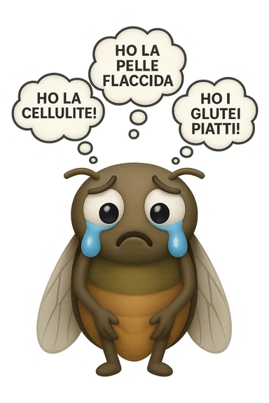 EMOJI STILE IPHONE 3D DI una cicala triste che si tocca le cosce e piange perché non le piace il suo fisico, posa frontale, fagli anche la parte bianca degli occhi, non solo la pupilla, sulla testa della cicala aleggiano i pensieri "HO LA PELLE FLACCIDA", "HO LA CELLULITE!", "HO I GLUTEI PIATTI!" sticker