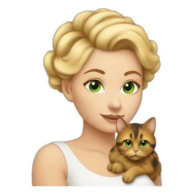 Blonde woman with green eyes holding a very fluffy and fat tortoiseshell cat sticker