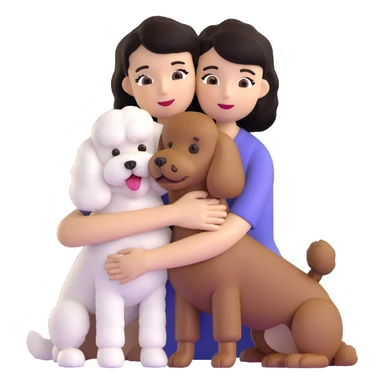 Woman with short black straight hair hugging a brown poodle and a white bichon frise sticker