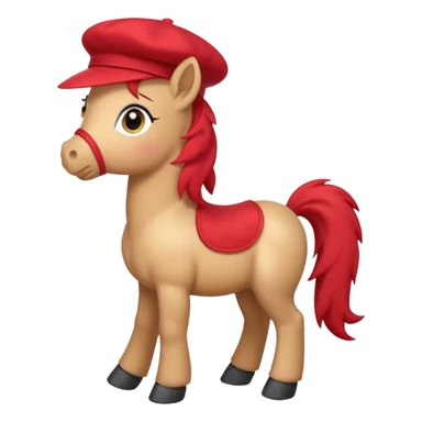 Adorable cartoon pony (small horse) emoji, full body, standing in profile view facing sideways. It has big, sparkling eyes and a friendly smile. It is wearing a cute red beret tilted to one side.  sticker