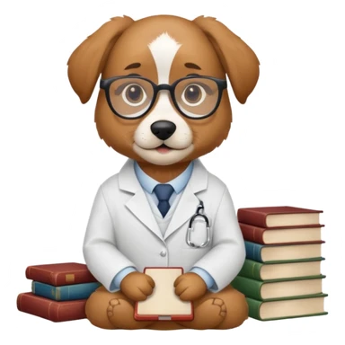 Wise dog with glasses, wearing a lab coat, perched on a stack of books. sticker
