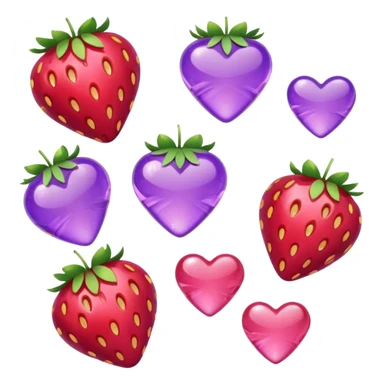 strawberries, pink and purple hearts, candy sticker