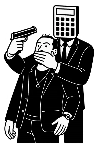 Используя такую стилистику и точно такого же героя, сгенерируй картинку. На ней позади героя стоит фигура в черном костюме, у которой вместо головы калькулятор и она приставила к виску героя пистолет, а другой рукой закрывает рот героя, прозрачный фон sticker