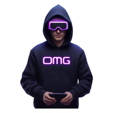 Russian man wearing a black hoodie with "OMG" letters on it and VR headset in a cyberpunk VR environment with violet neon lighting. sticker
