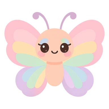 kawaii butterfly with pastel rainbow wings, cute face, colorful makeup, soft blush and eyeshadow sticker