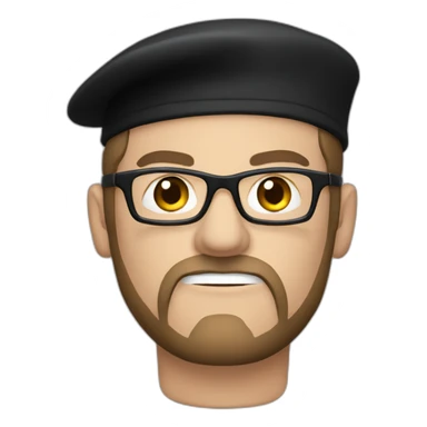 angry, caucasian, drummer man with a black beret, glasses, and black t-shirt with drummer sticker