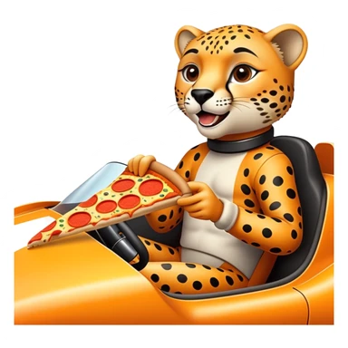 A cheetah in a race car eating a slice of pizza sticker