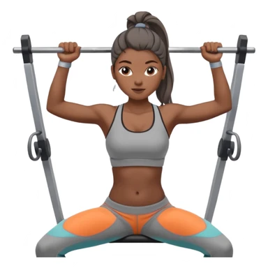 Mujer en gimnasio, peruana con coleta top corto gris y pantalón gris. Haciendo jalón al pecho  sticker