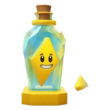 symbolic clouds in a bottle sculpture symbolizing Gemini with a geometric, faceted design. The bottle is standing upright with angular and disney features. The vibrant yellow lightning colors highlights the sharp edges and planes.  sticker