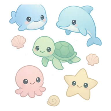 super kawaii soft pastel summer sea theme for LINE app, featuring cute baby whale, dolphin, sea turtle, octopus, starfish, and seashells, with floating bubbles, gentle flat illustration, soft gradient aqua blue background, chibi characters with big sparkling eyes, minimal clean layout, soft shadows, high quality, PNG, transparent background, 9:16 aspect ratio sticker