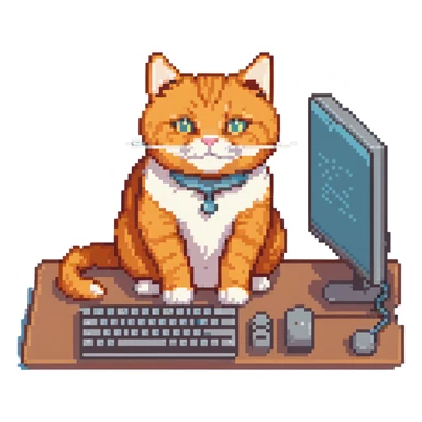 orange cat typing on desktop computer sticker