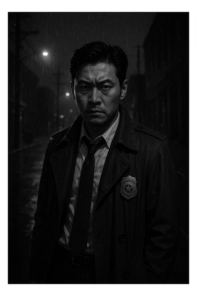 intense Asian detective, trench coat, badge visible, serious look, rain-soaked street, noir style sticker
